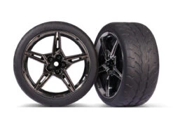 Traxxas Extra Wide Rear 2.1' Response Tires On Split-Spoke Black Chrome Wheels: Chevrolet Stingray