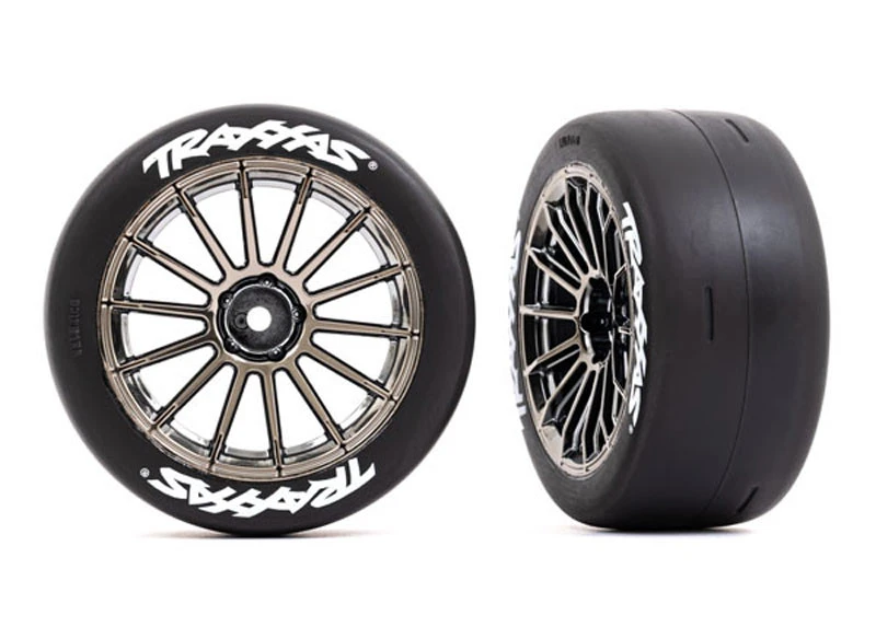 Traxxas Rear 2.0" Multi-Spoke Black Chrome Wheels Slick Tires With Traxxas Logo (VXL Rated) (2) 3 Traxxas Rear 2.0" Multi-Spoke Black Chrome Wheels Slick Tires With Traxxas Logo (VXL Rated) (2)